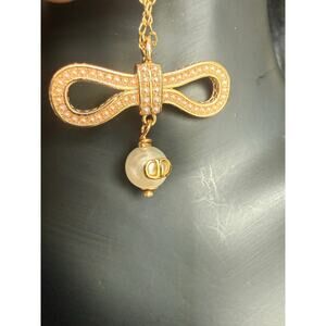 Gold Tone Pearl Bow Pendant Necklace with CD Initials Charm